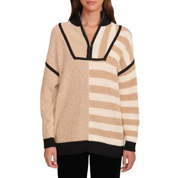 $295 Staud Tan Stripe Mock Neck Zip Hampton Sweater size L - Picture 1 of 7